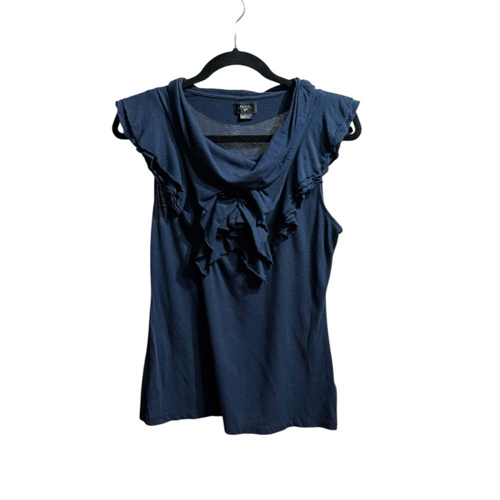 Anthropologie Deletta Womens Ruffle Front Navy‎ Blue Sleeveless Blouse Sz S